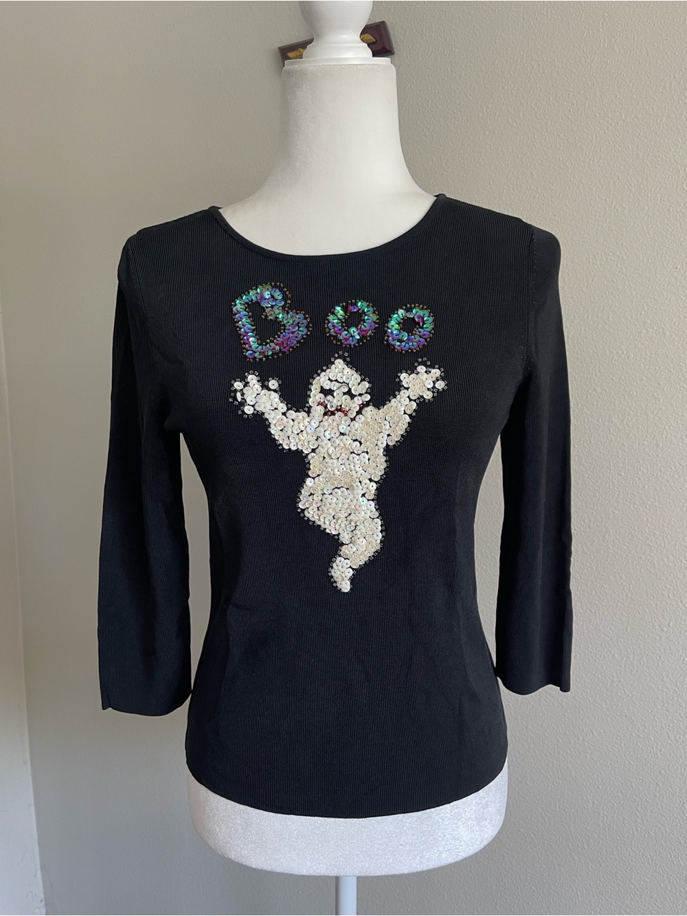 Sweaterworks Black Long Sleeve Top with Iridescent and White Sequin Ghost
